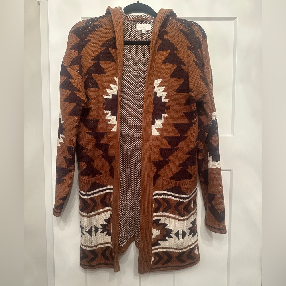 Lucky Brand brown Aztec long hooded cardigan sweater size medium